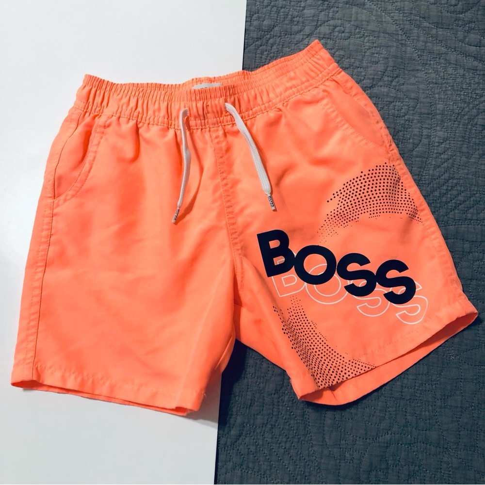 BOSS Neon Orange Logo Swim Trunks • Boy 8